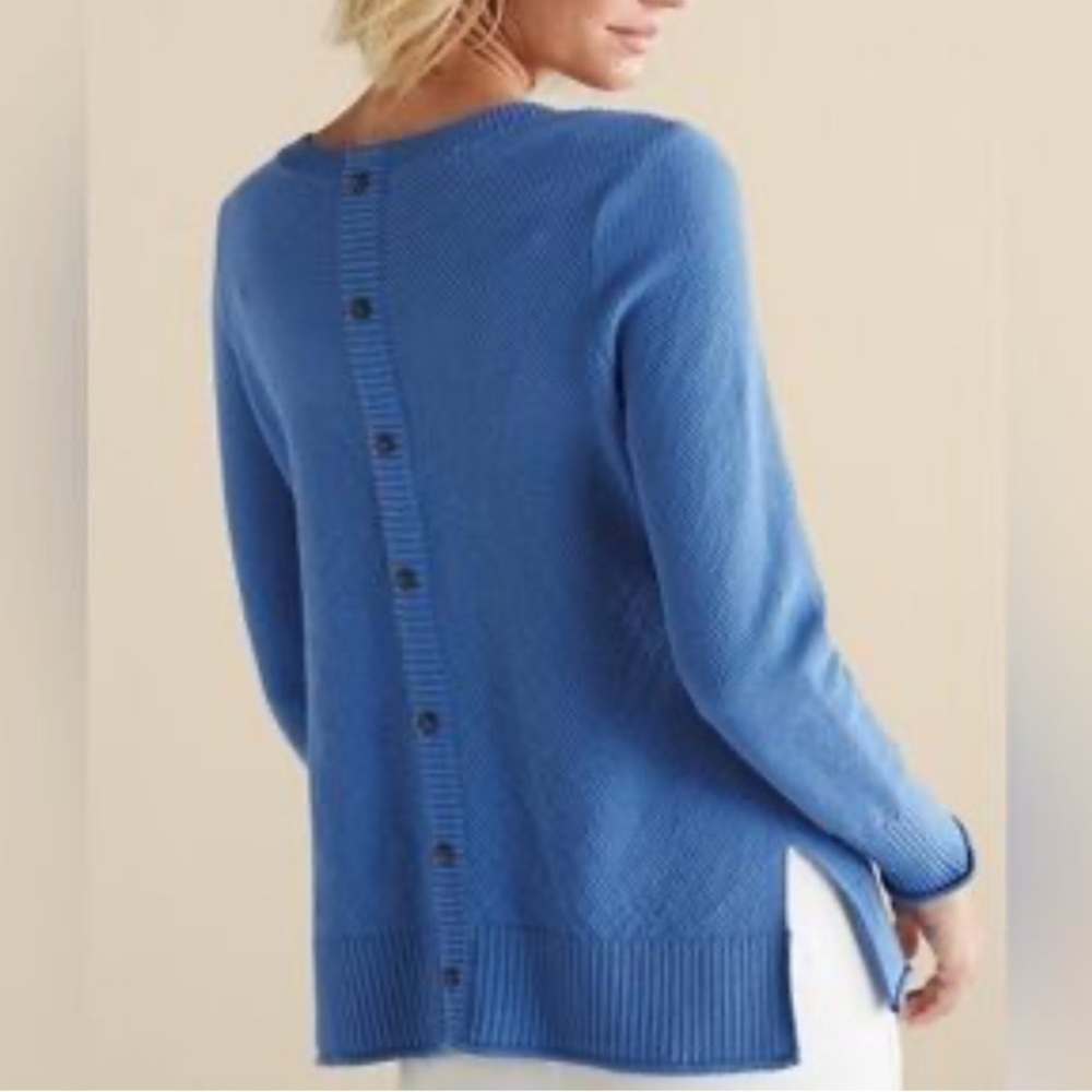 NWT Soft Surroundings Marin Back Button Cotton Sweater Riverside Blue Large